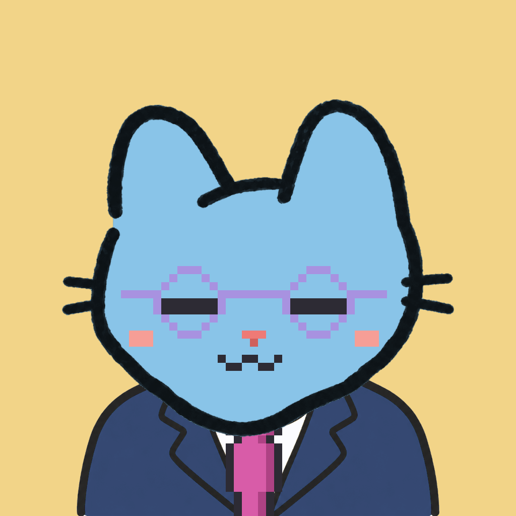 Employee #3260 — a sky cat, in a navy suit, with a magenta tie, wearing round-lavender glasses, on butter