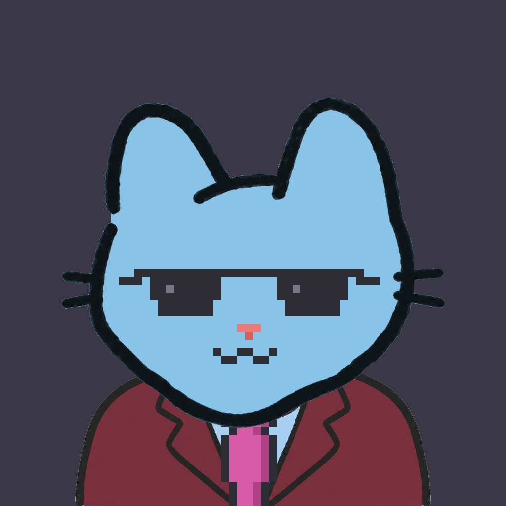 Employee #3261 — a sky cat, in a burgundy suit, with a magenta tie, wearing shades glasses, on charcoal