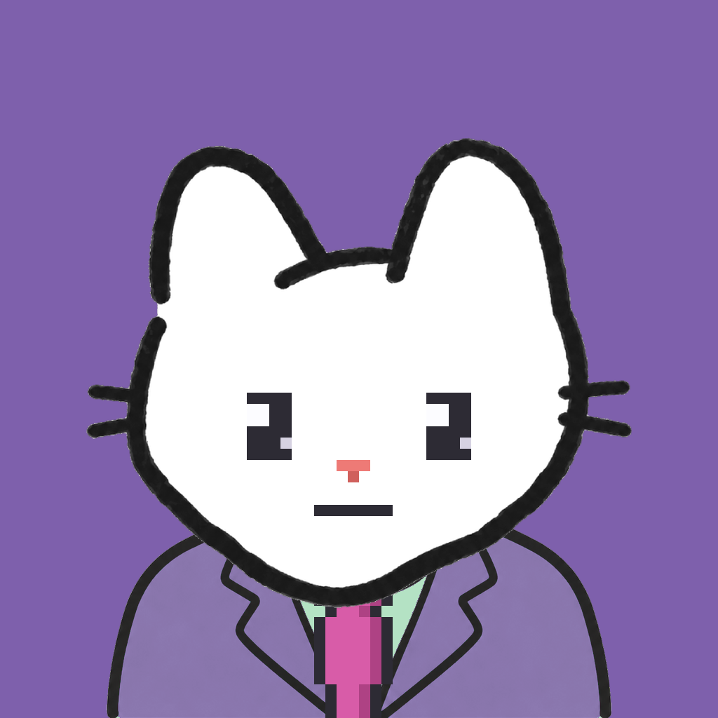 Employee #3262 — a white cat, in a lavender suit, with a magenta tie, on plasma violet