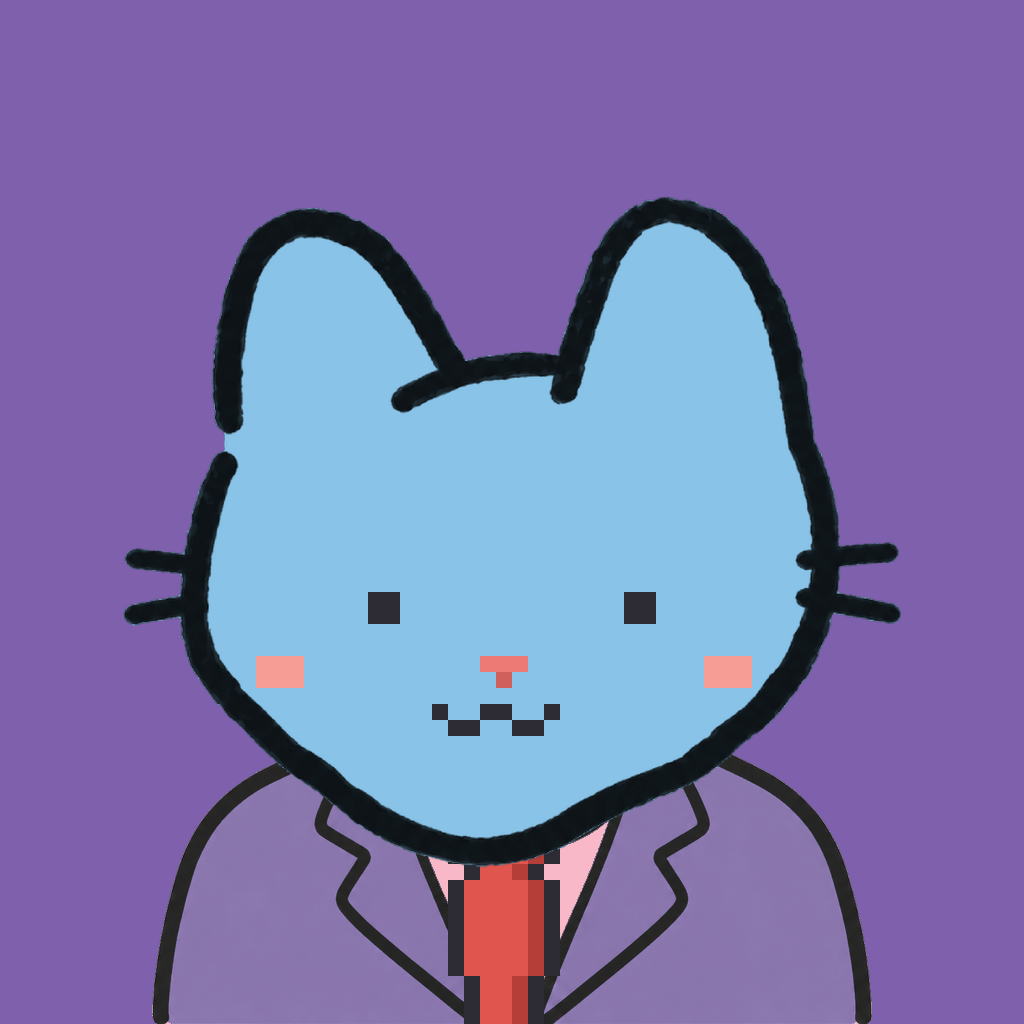 Employee #3263 — a sky cat, in a lavender suit, with a red tie, on plasma violet
