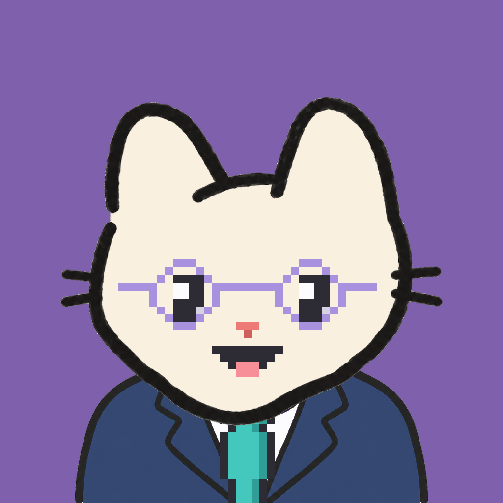 Employee #3264 — a cream cat, in a navy suit, with a teal tie, wearing round-lavender glasses, on plasma violet