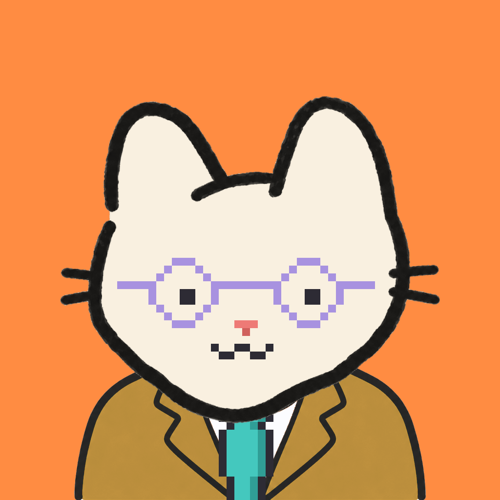 Employee #3265 — a cream cat, in a mustard suit, with a teal tie, wearing round-lavender glasses, on tangerine
