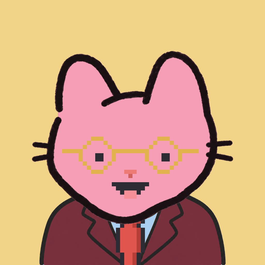 Employee #3266 — a pink cat, in a burgundy suit, with a red tie, wearing round-gold glasses, on butter