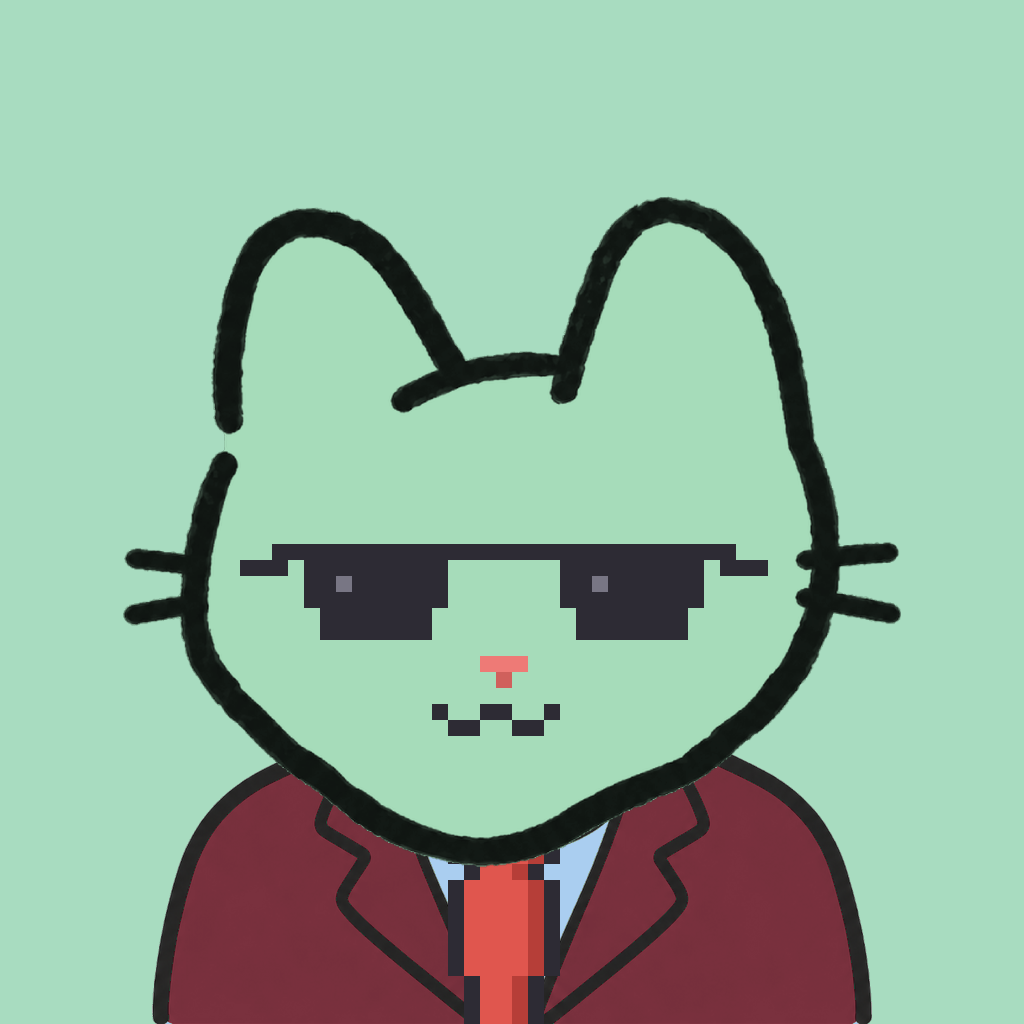 Employee #3267 — a mint cat, in a burgundy suit, with a red tie, wearing shades glasses, on mint