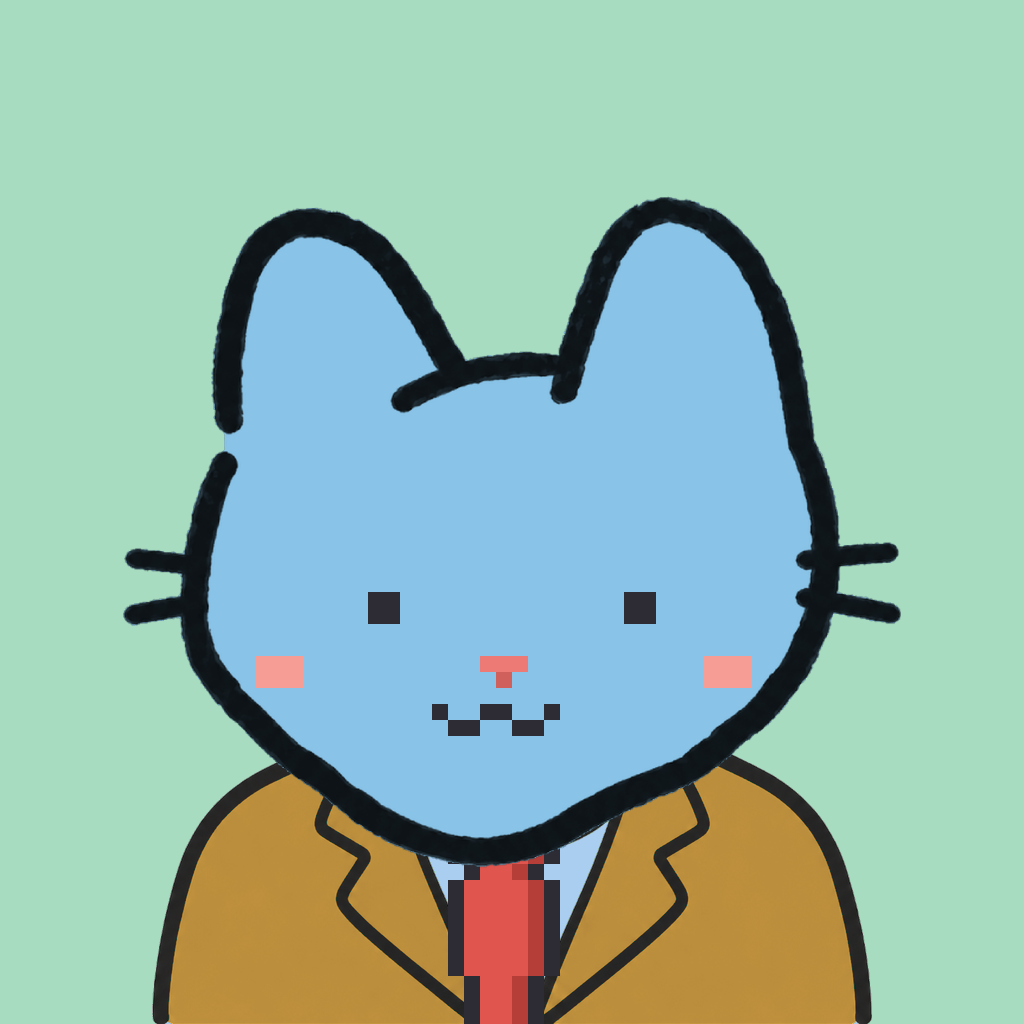 Employee #3268 — a sky cat, in a mustard suit, with a red tie, on mint
