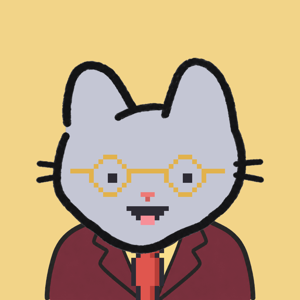 Employee #3269 — a gray cat, in a burgundy suit, with a red tie, wearing round-gold glasses, on butter
