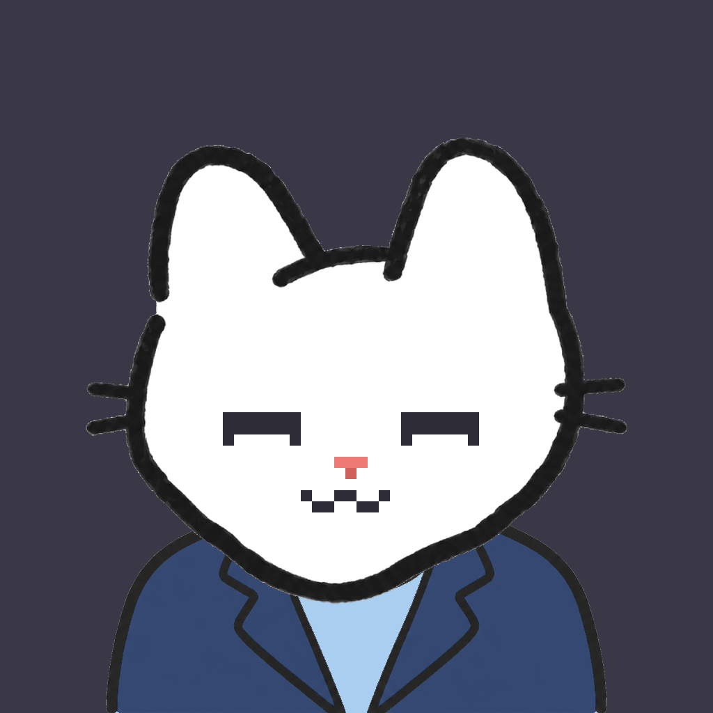 Employee #0327 — a white cat, in a navy suit, on charcoal