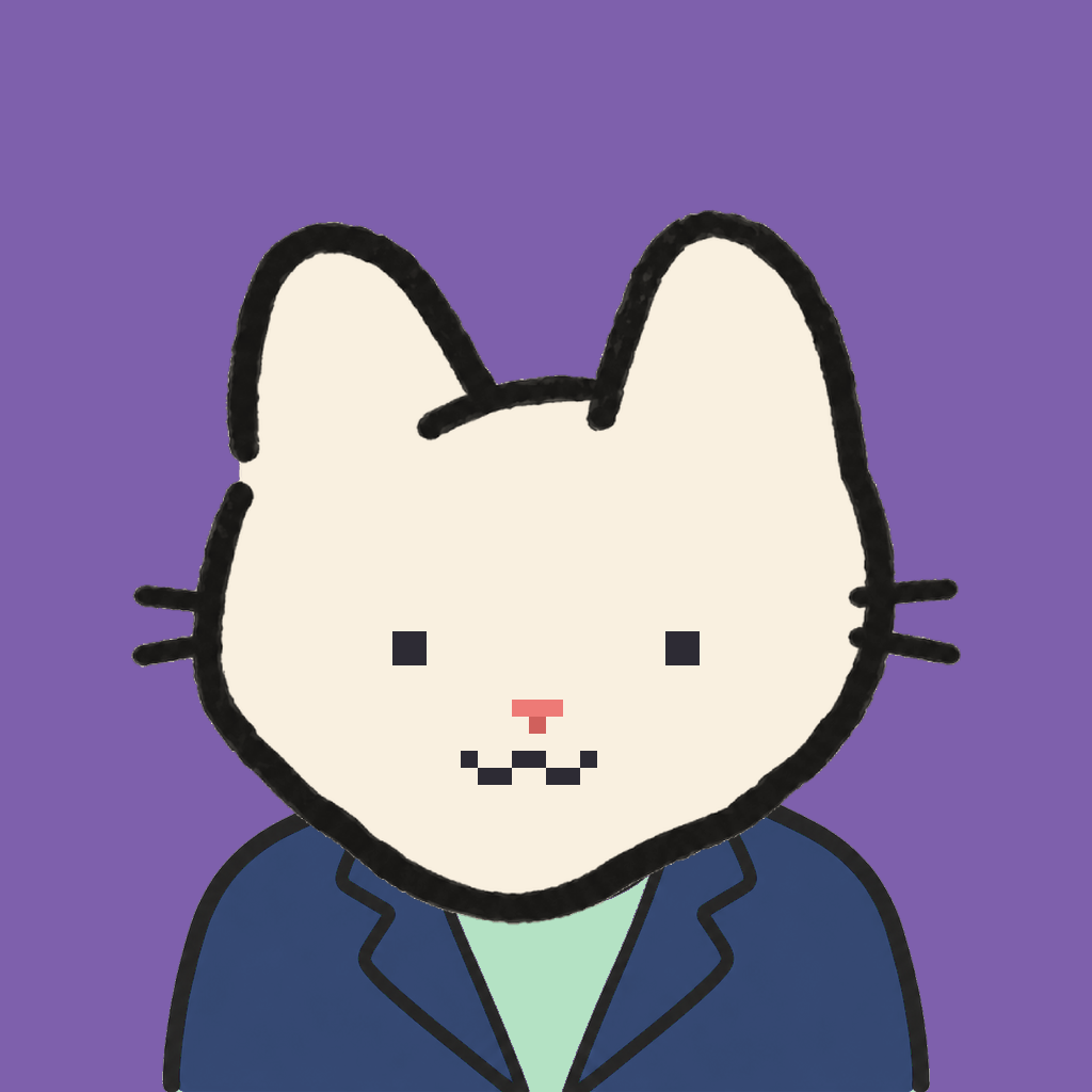 Employee #3270 — a cream cat, in a navy suit, on plasma violet
