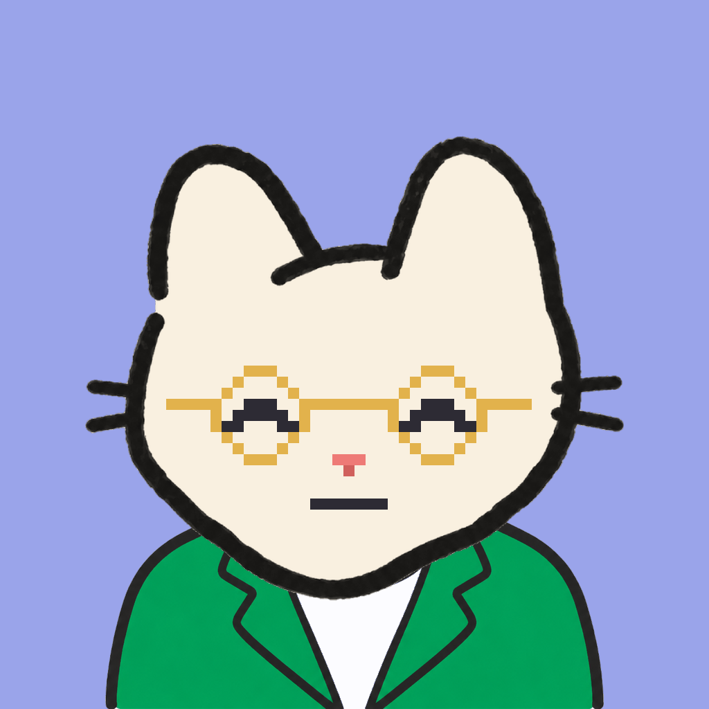 Employee #3271 — a cream cat, in a green suit, wearing round-gold glasses, on periwinkle