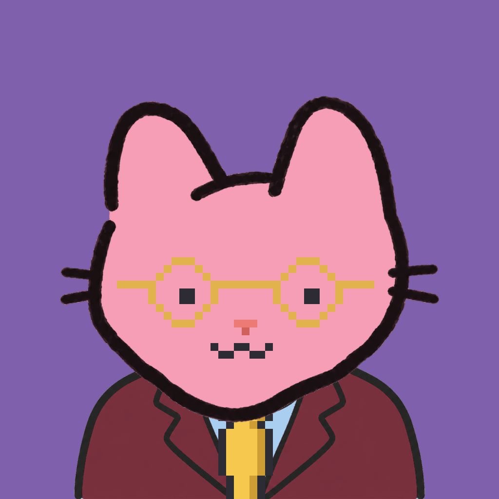 Employee #3272 — a pink cat, in a burgundy suit, with a gold tie, wearing round-gold glasses, on plasma violet