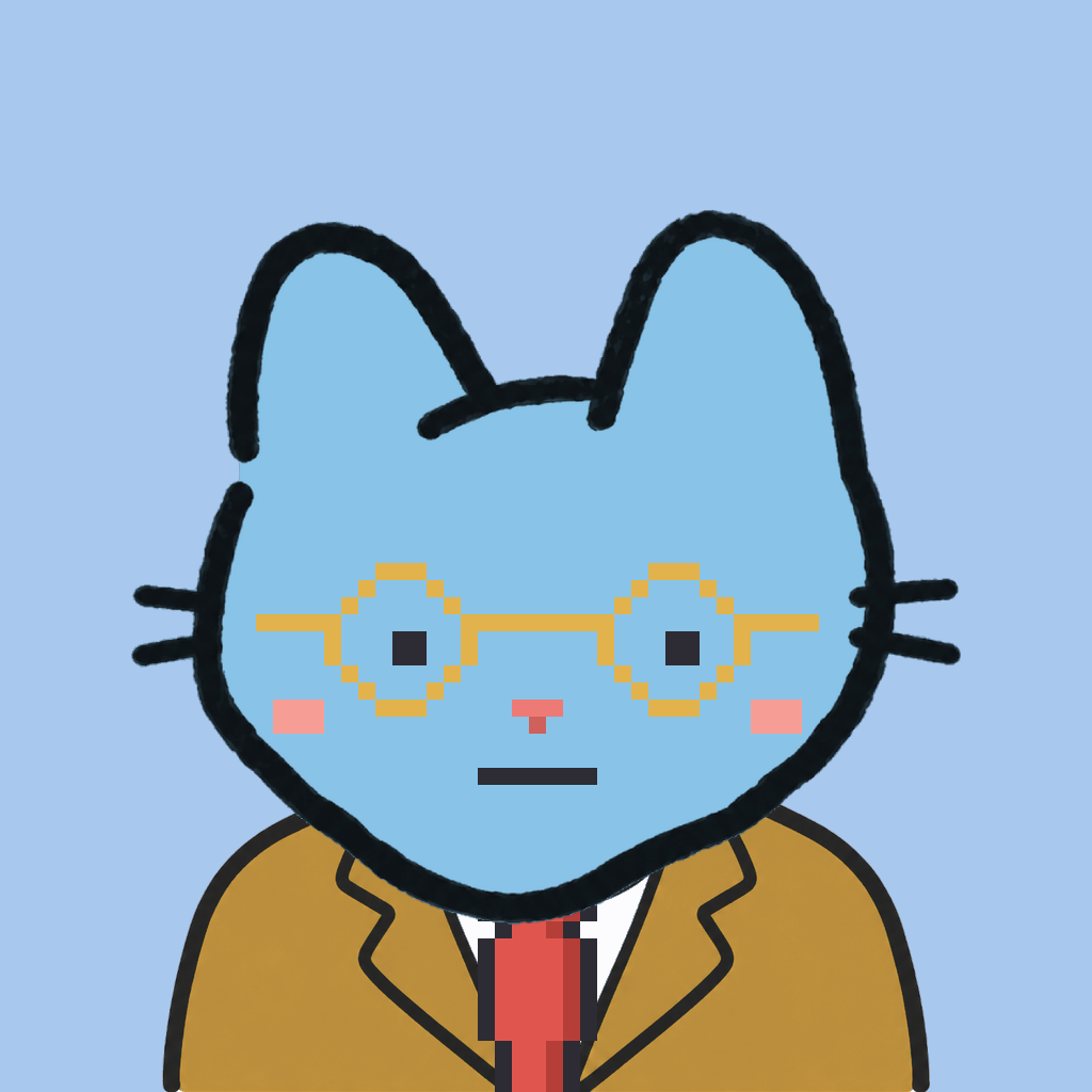 Employee #3273 — a sky cat, in a mustard suit, with a red tie, wearing round-gold glasses, on sky
