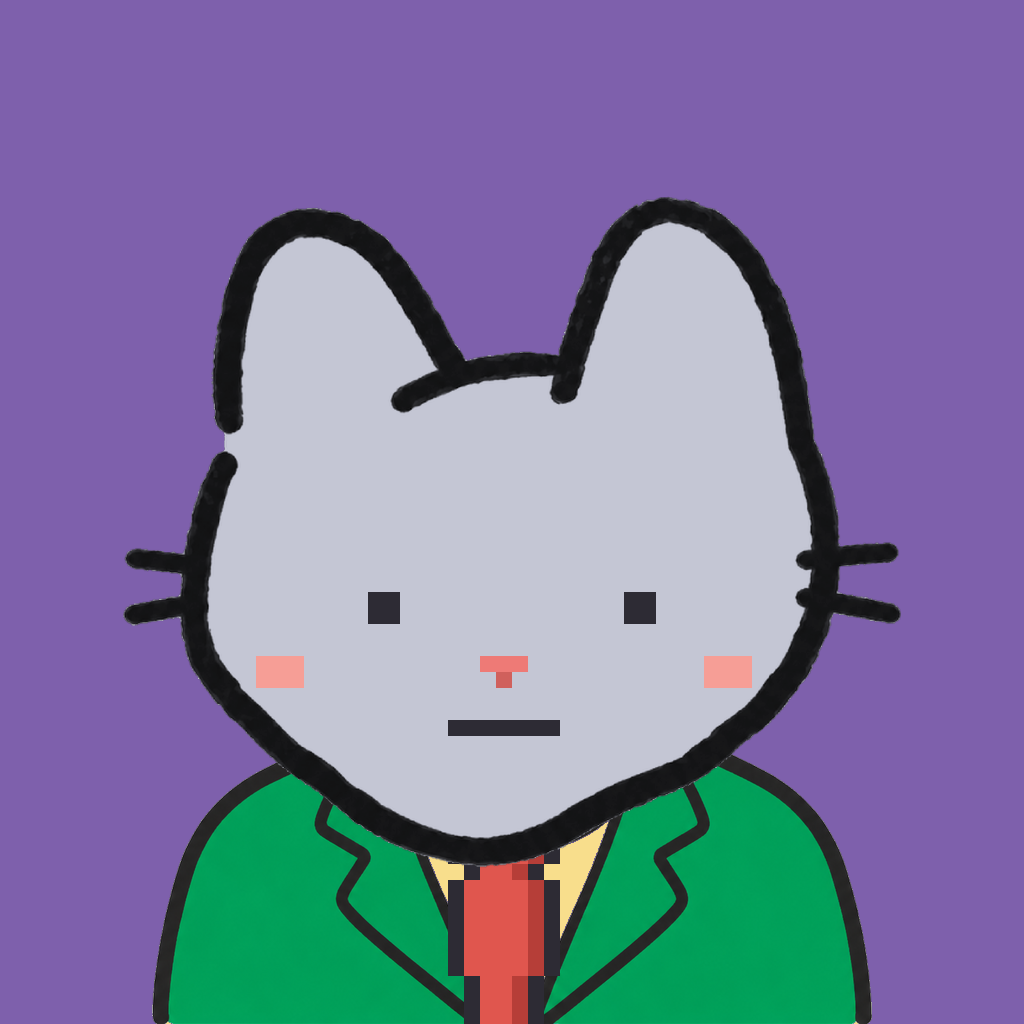 Employee #3274 — a gray cat, in a green suit, with a red tie, on plasma violet