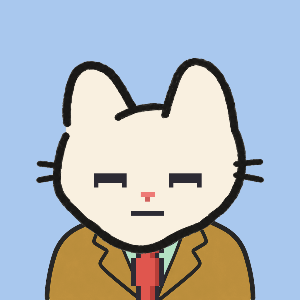 Employee #3275 — a cream cat, in a mustard suit, with a red tie, on sky