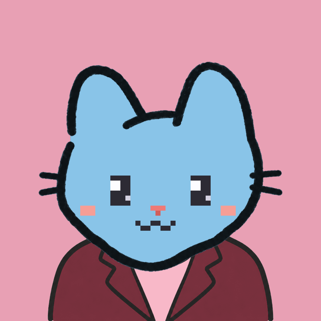 Employee #3276 — a sky cat, in a burgundy suit, on rose