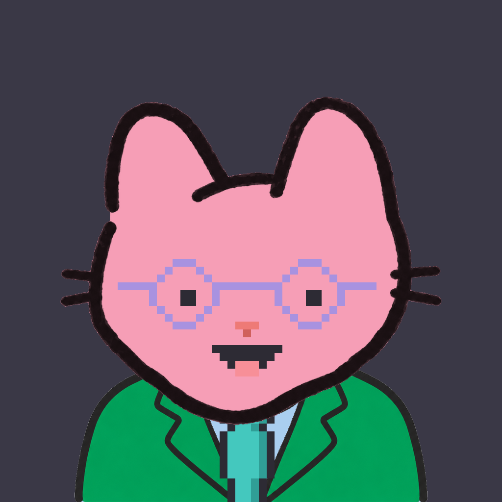 Employee #3277 — a pink cat, in a green suit, with a teal tie, wearing round-lavender glasses, on charcoal