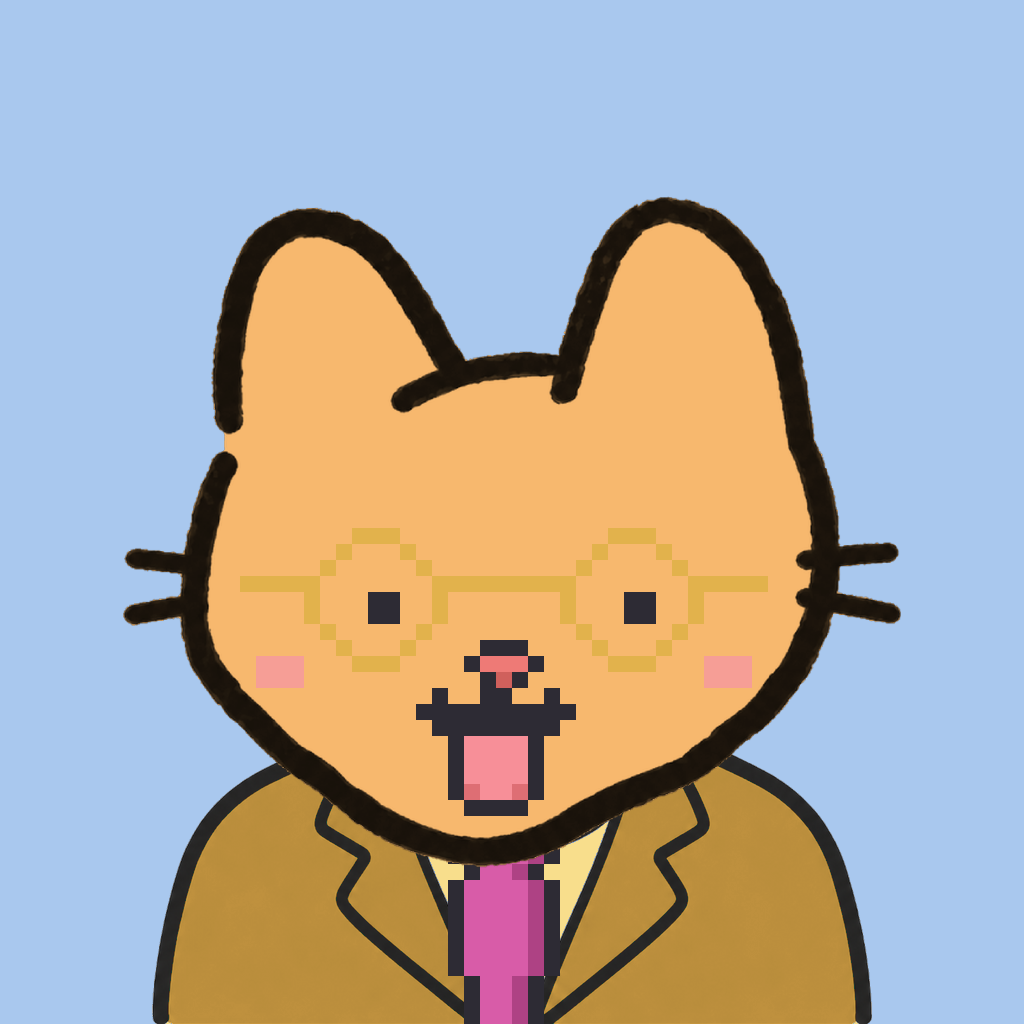 Employee #3278 — a tabby cat, in a mustard suit, with a magenta tie, wearing round-gold glasses, on sky