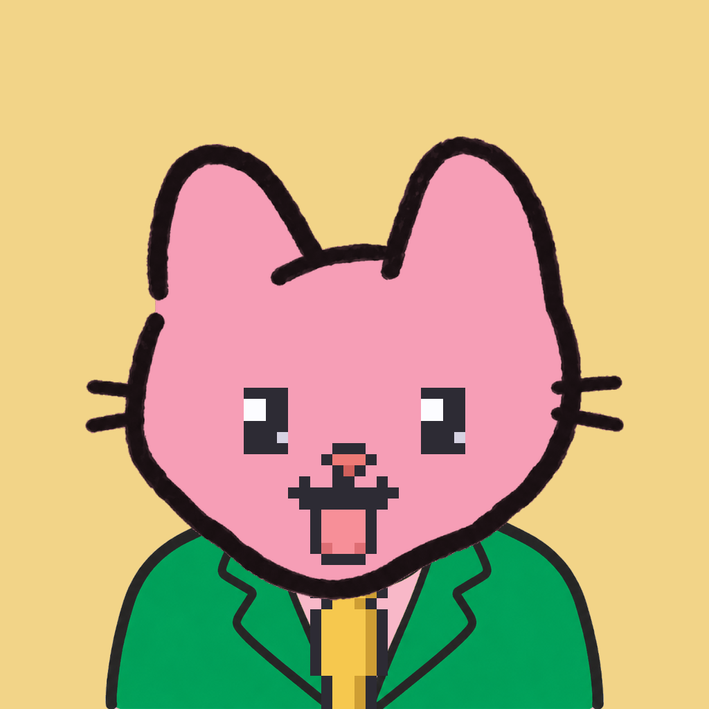 Employee #3279 — a pink cat, in a green suit, with a gold tie, on butter
