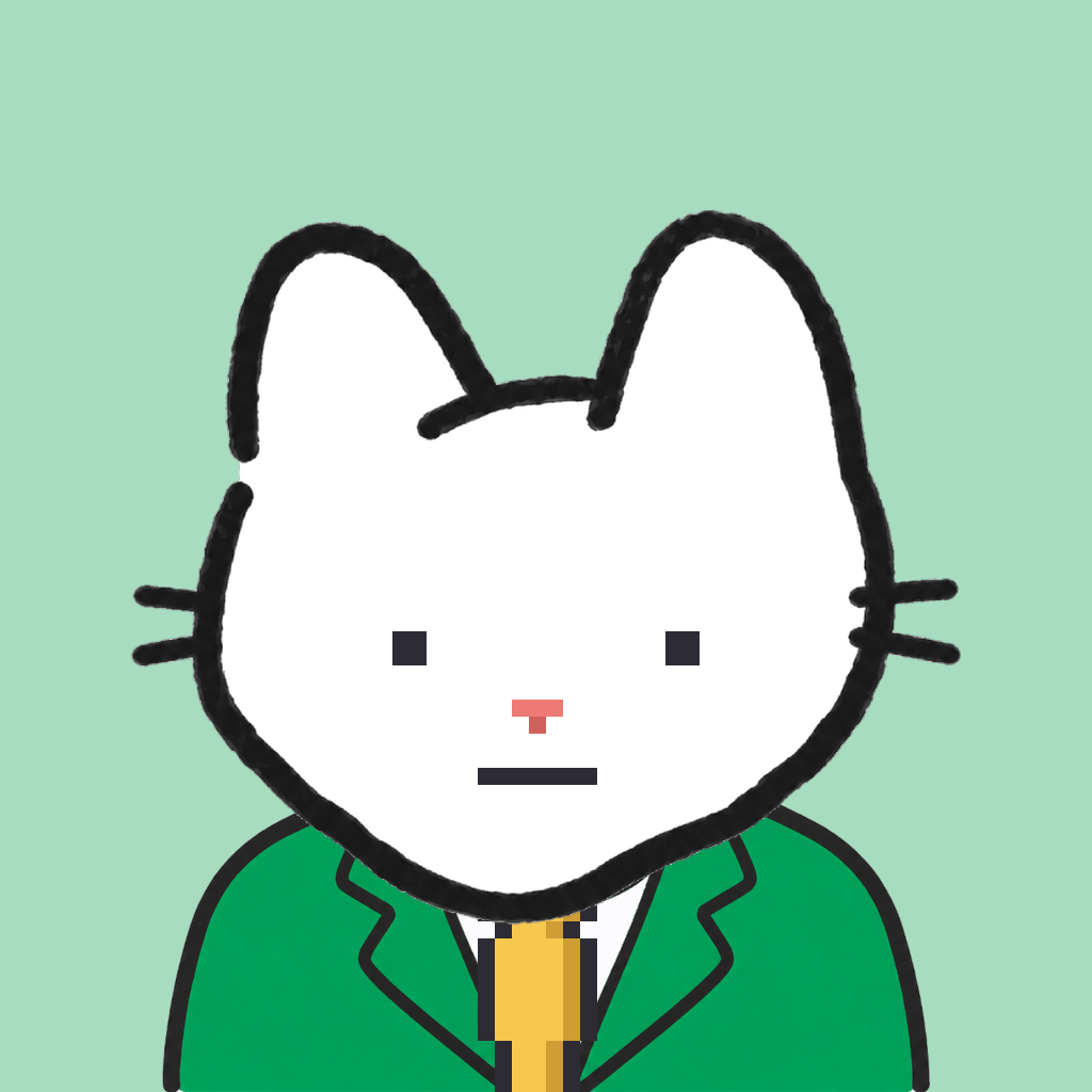Employee #0328 — a white cat, in a green suit, with a gold tie, on mint