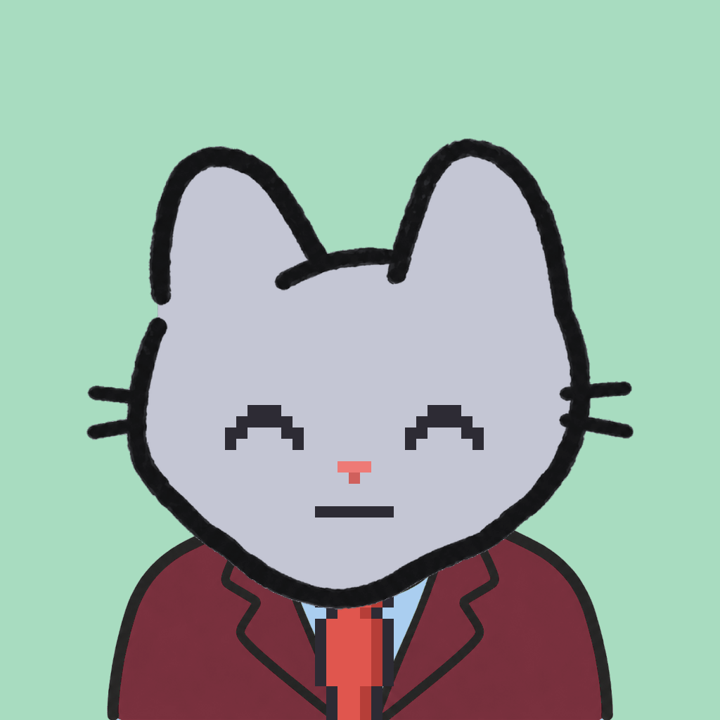 Employee #3281 — a gray cat, in a burgundy suit, with a red tie, on mint