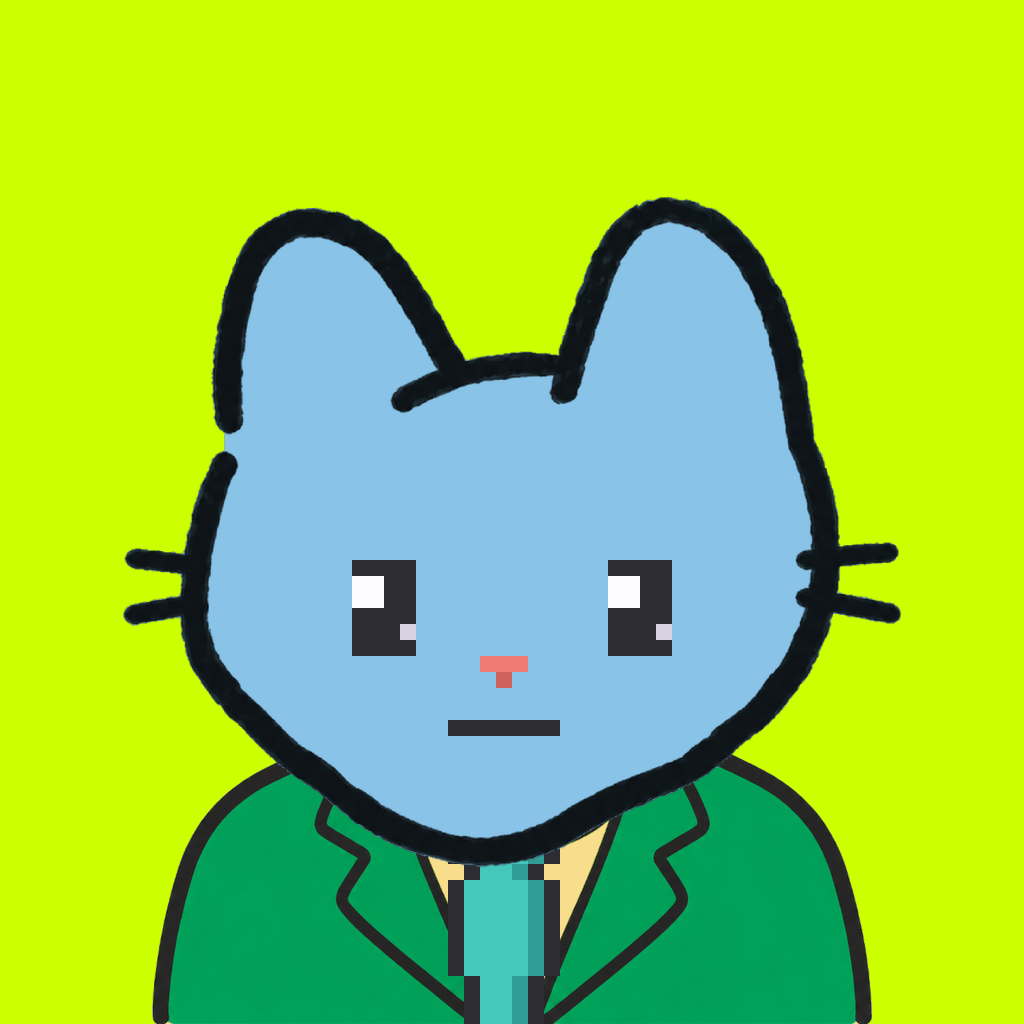 Employee #3282 — a sky cat, in a green suit, with a teal tie, on volt