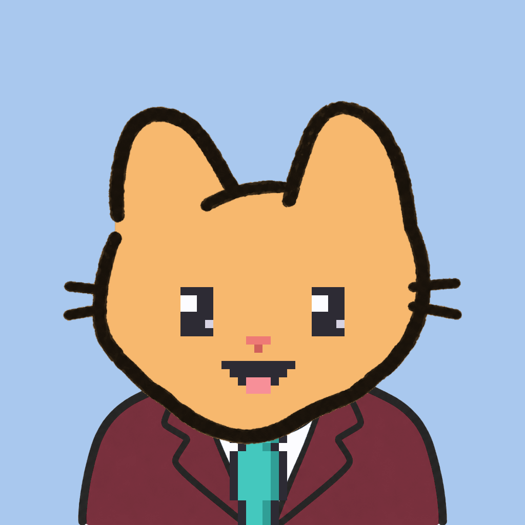 Employee #3283 — a tabby cat, in a burgundy suit, with a teal tie, on sky