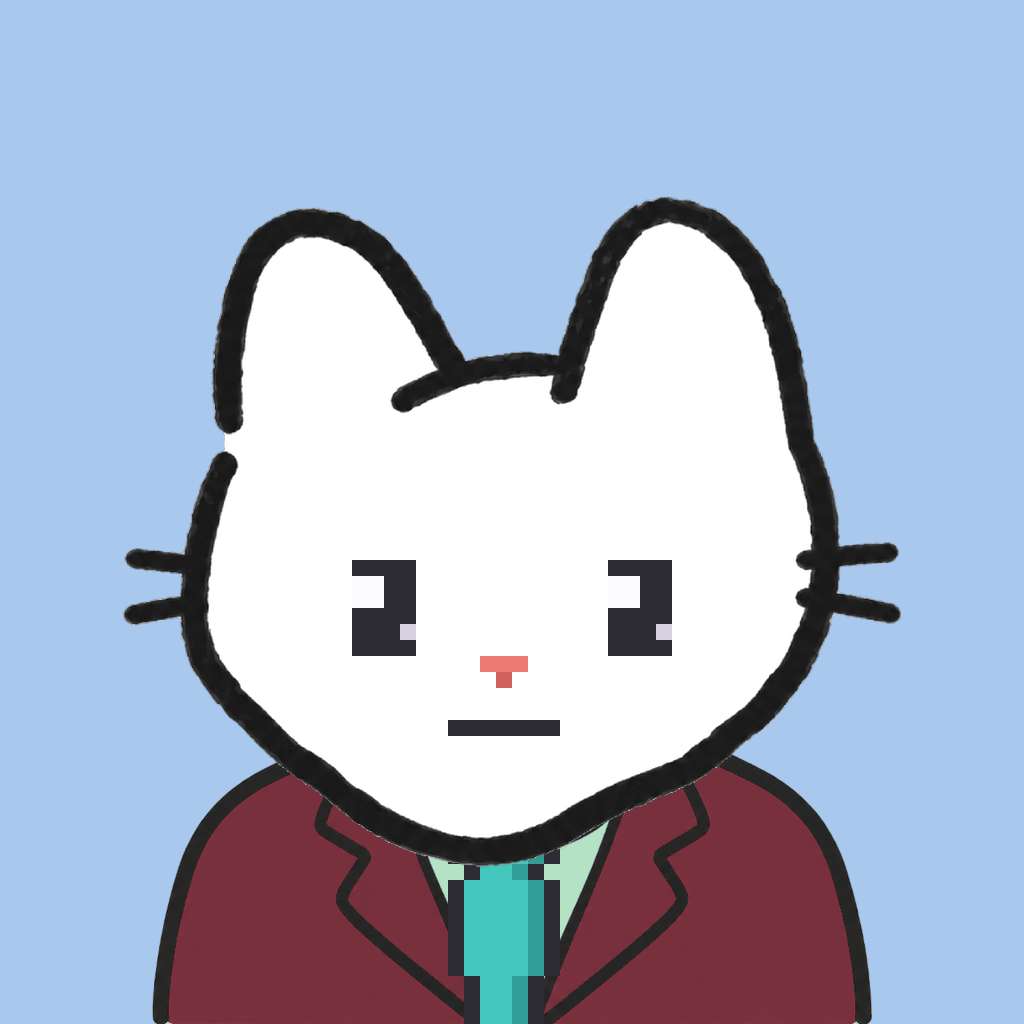 Employee #3284 — a white cat, in a burgundy suit, with a teal tie, on sky