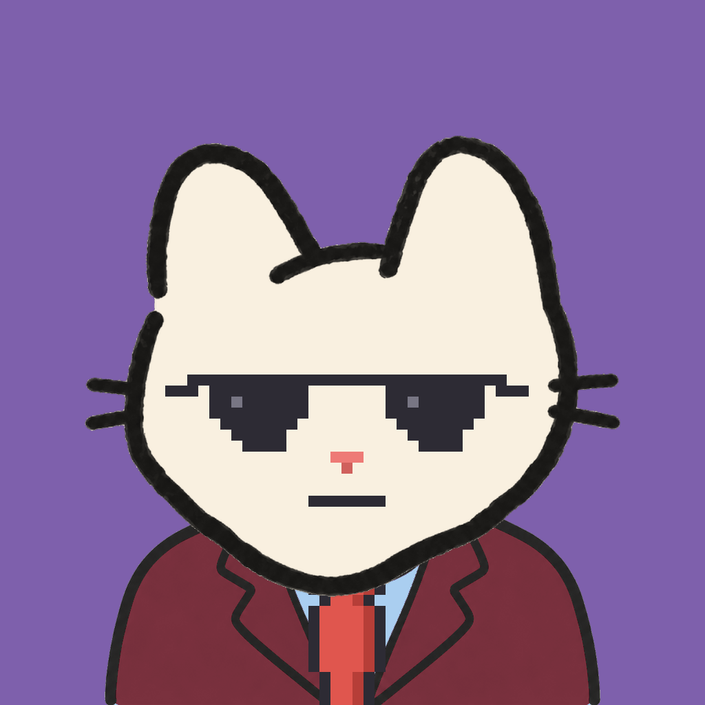 Employee #3285 — a cream cat, in a burgundy suit, with a red tie, wearing shades glasses, on plasma violet