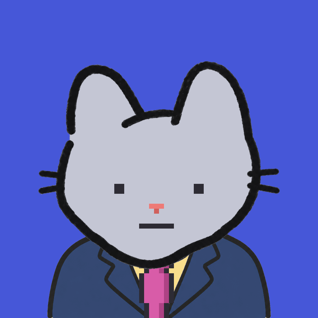Employee #3286 — a gray cat, in a navy suit, with a magenta tie, on royal