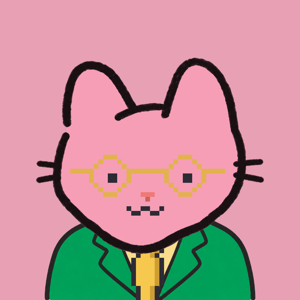 Employee #3287 — a pink cat, in a green suit, with a gold tie, wearing round-gold glasses, on rose