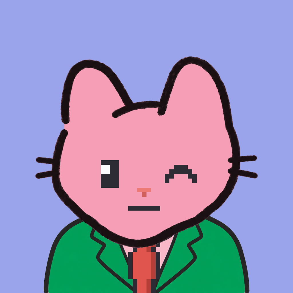 Employee #3288 — a pink cat, in a green suit, with a red tie, on periwinkle