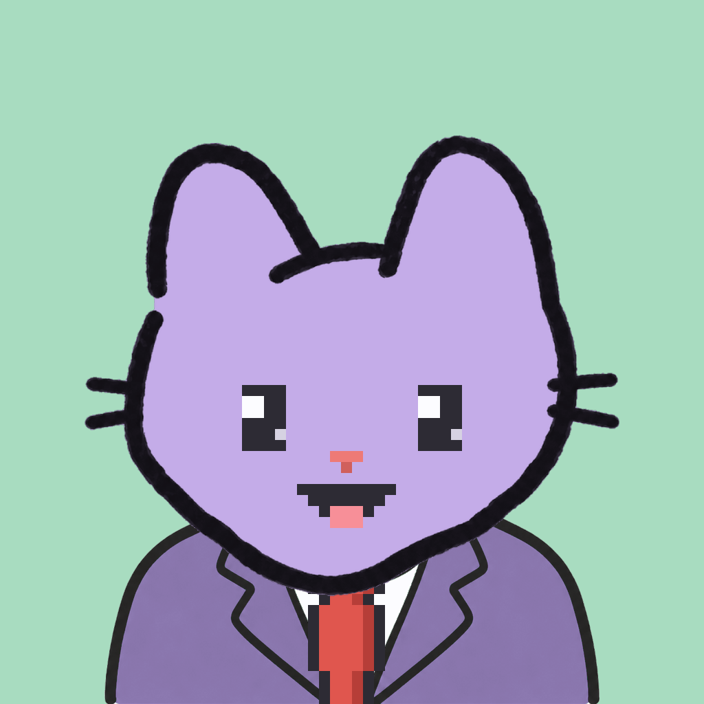 Employee #3289 — a lavender cat, in a lavender suit, with a red tie, on mint