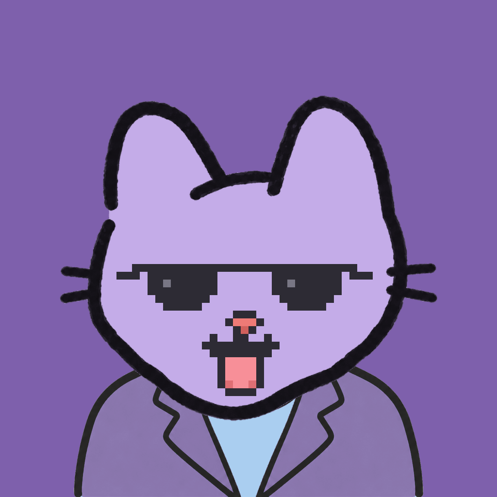 Employee #0329 — a lavender cat, in a lavender suit, wearing shades glasses, on plasma violet