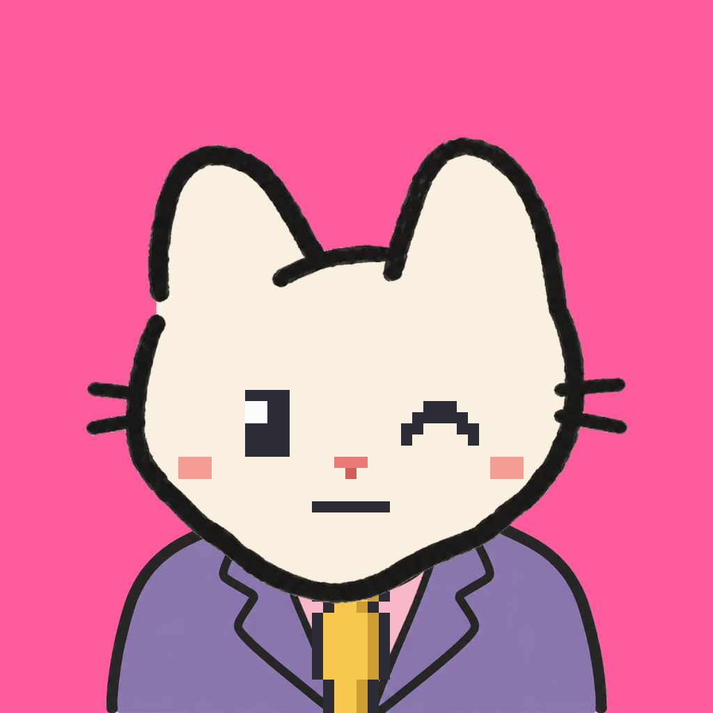 Employee #3290 — a cream cat, in a lavender suit, with a gold tie, on hot pink