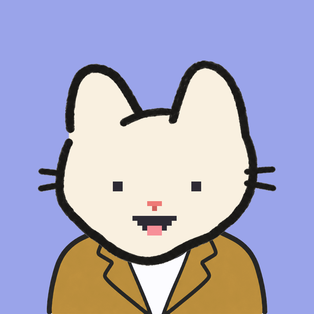 Employee #3292 — a cream cat, in a mustard suit, on periwinkle