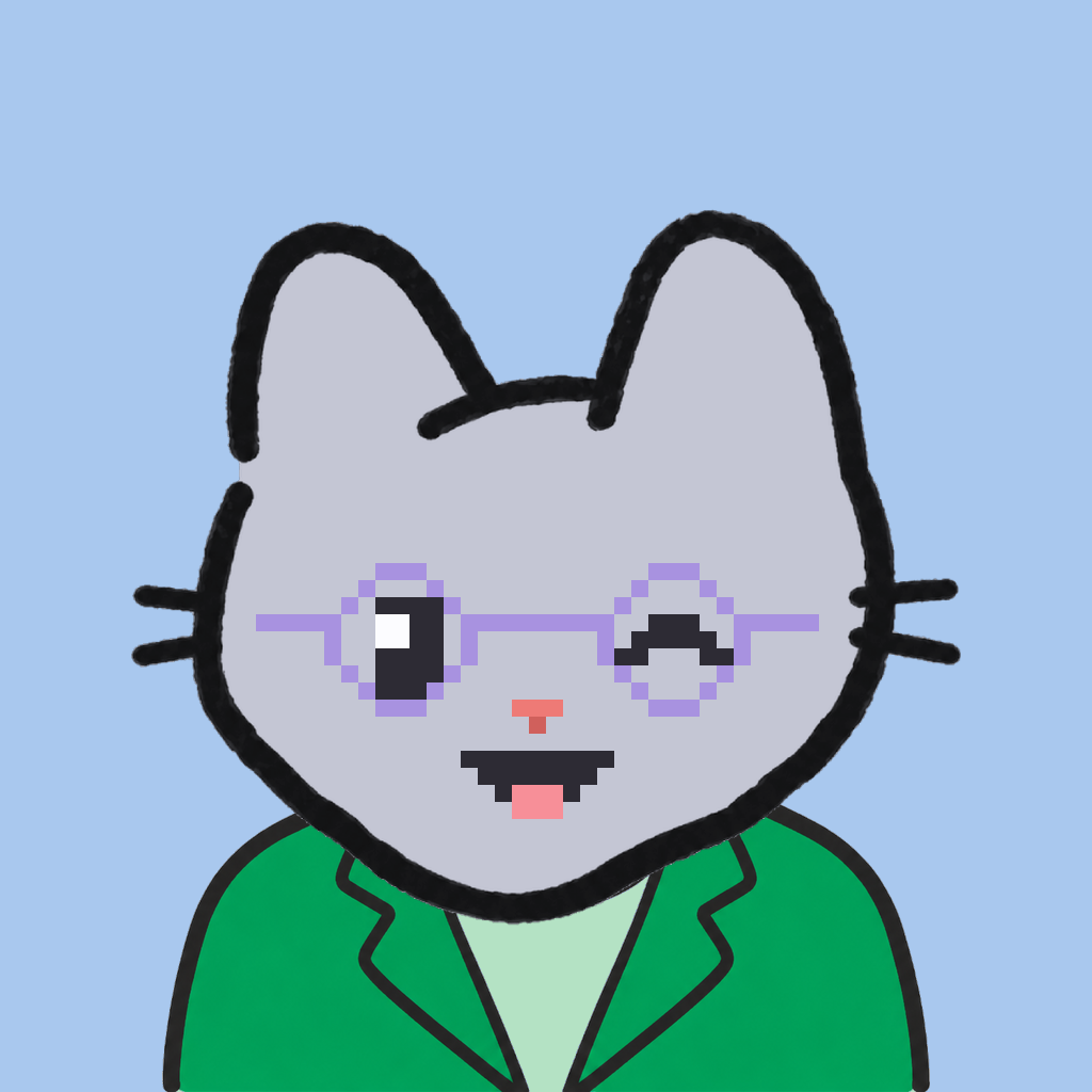 Employee #3293 — a gray cat, in a green suit, wearing round-lavender glasses, on sky