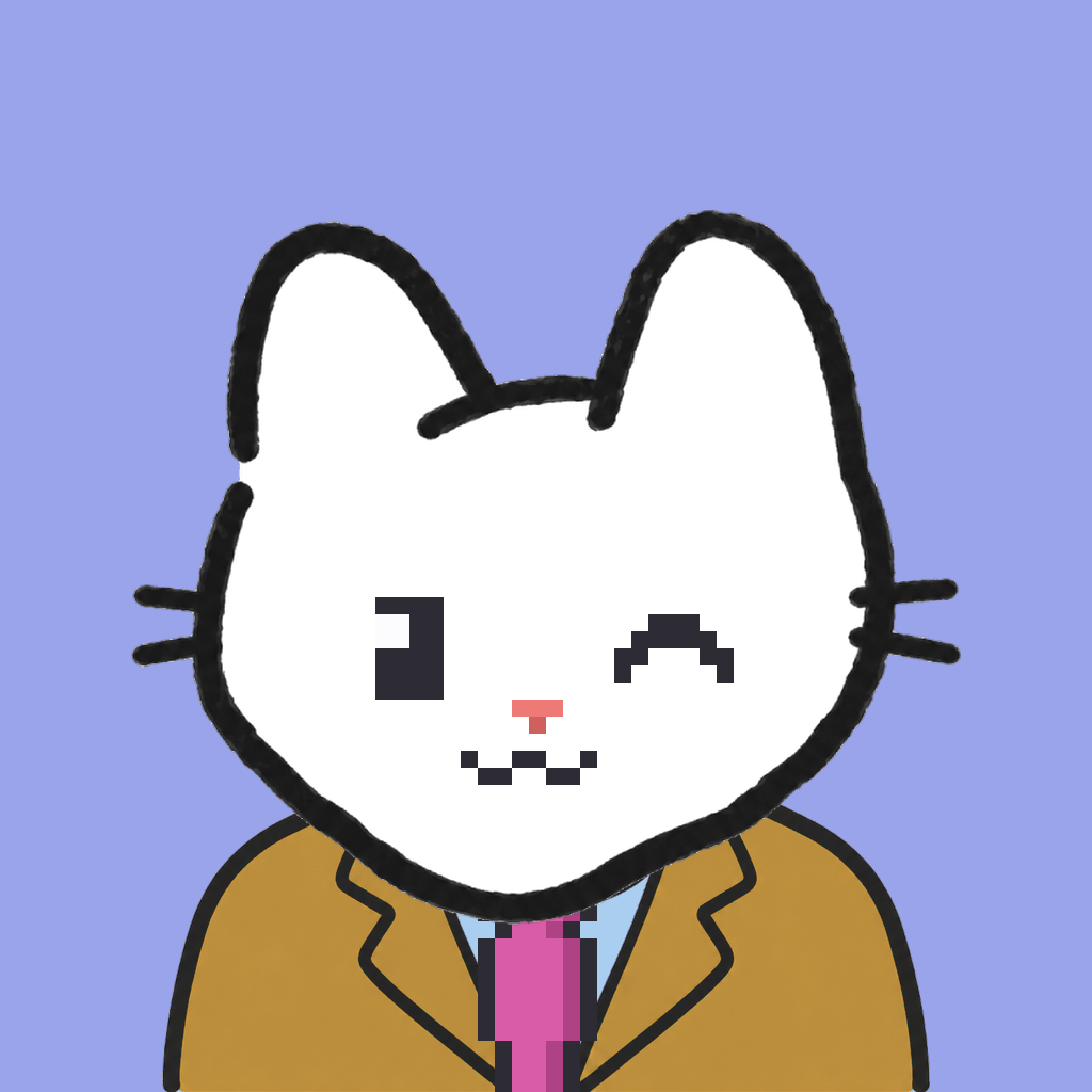 Employee #3294 — a white cat, in a mustard suit, with a magenta tie, on periwinkle