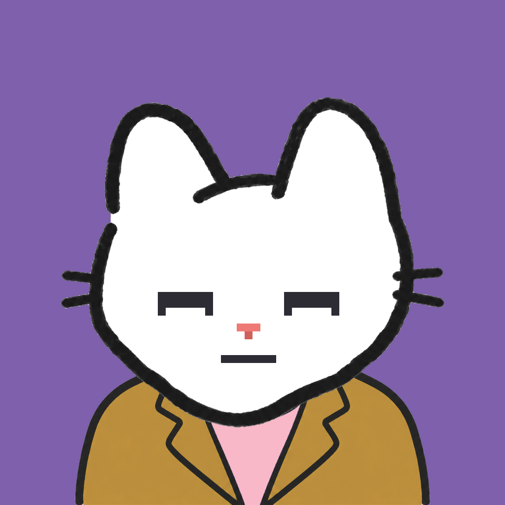 Employee #3295 — a white cat, in a mustard suit, on plasma violet