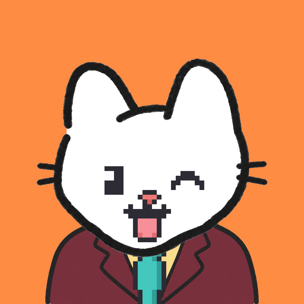 Employee #3296 — a white cat, in a burgundy suit, with a teal tie, on tangerine