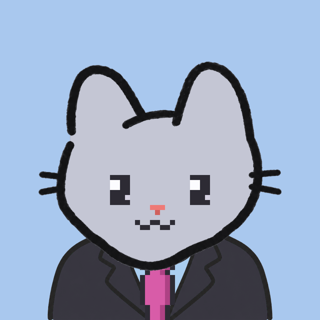Employee #3297 — a gray cat, in a black suit, with a magenta tie, on sky