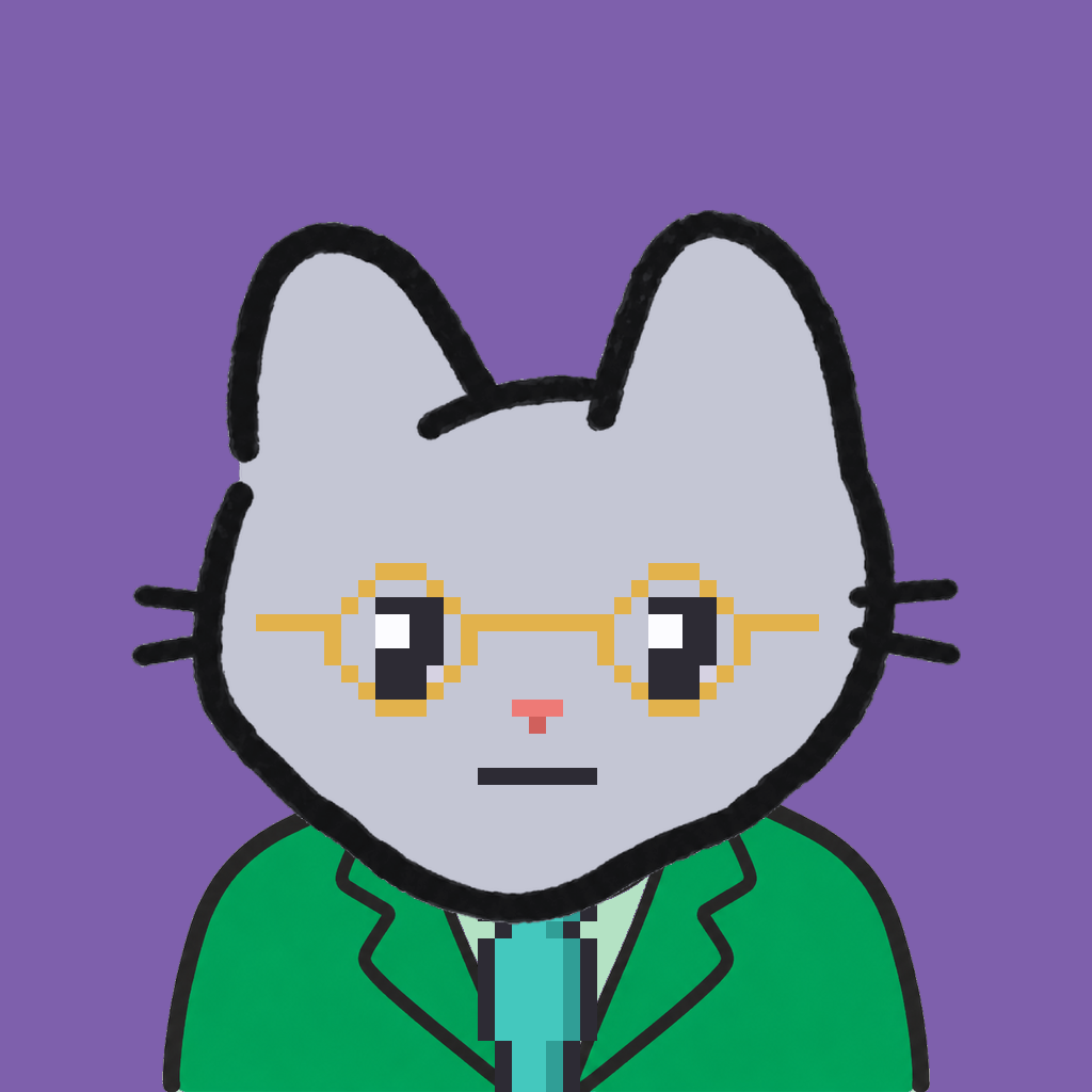 Employee #3298 — a gray cat, in a green suit, with a teal tie, wearing round-gold glasses, on plasma violet
