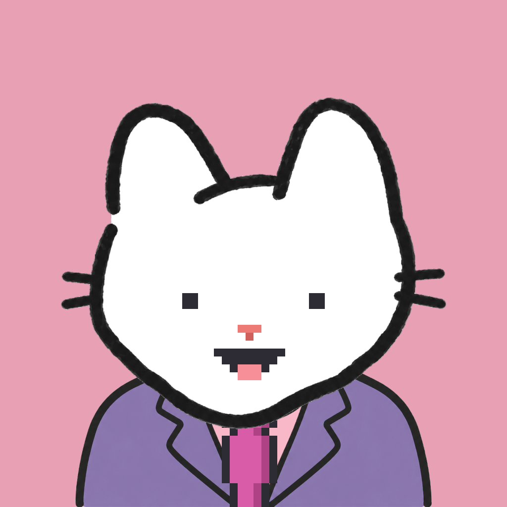 Employee #3299 — a white cat, in a lavender suit, with a magenta tie, on rose