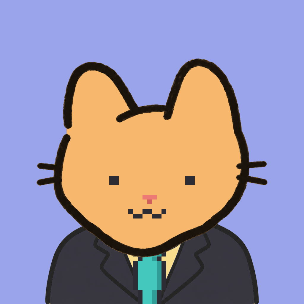 Employee #0033 — a tabby cat, in a black suit, with a teal tie, on periwinkle