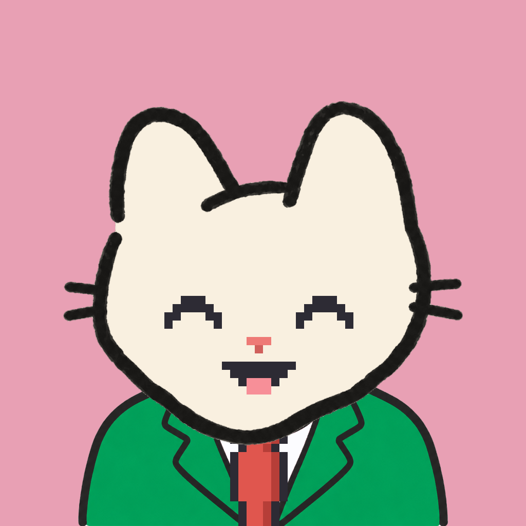 Employee #0330 — a cream cat, in a green suit, with a red tie, on rose