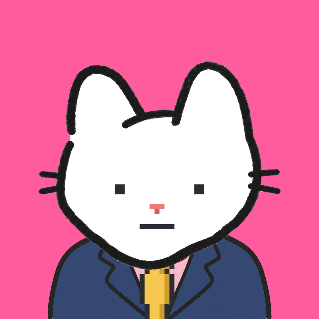 Employee #3300 — a white cat, in a navy suit, with a gold tie, on hot pink