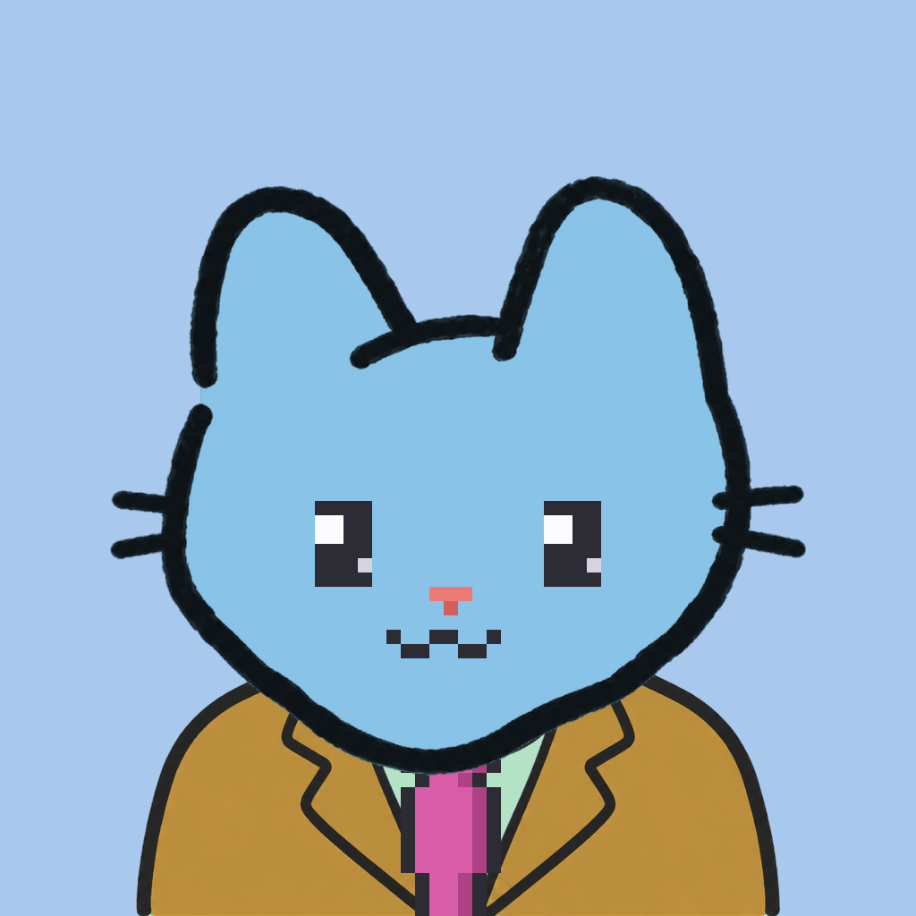 Employee #3301 — a sky cat, in a mustard suit, with a magenta tie, on sky