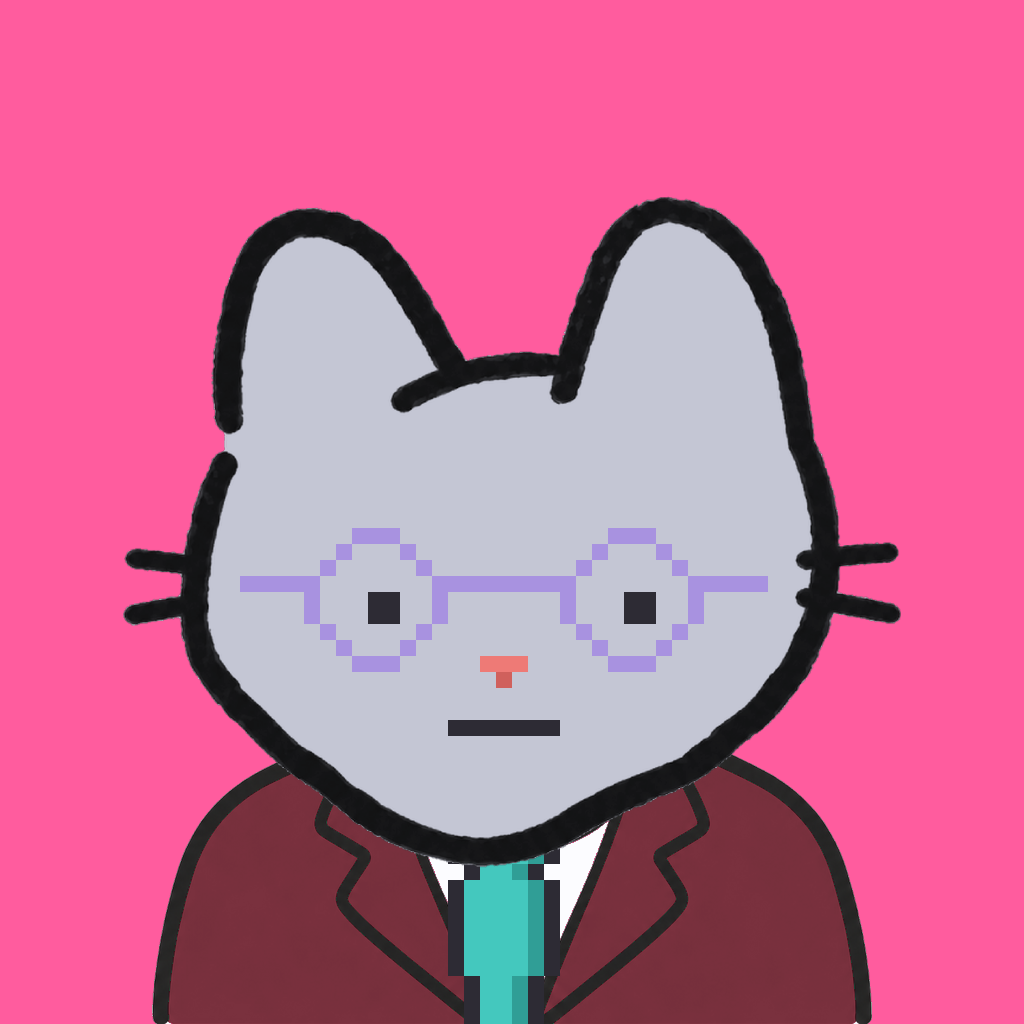 Employee #3302 — a gray cat, in a burgundy suit, with a teal tie, wearing round-lavender glasses, on hot pink