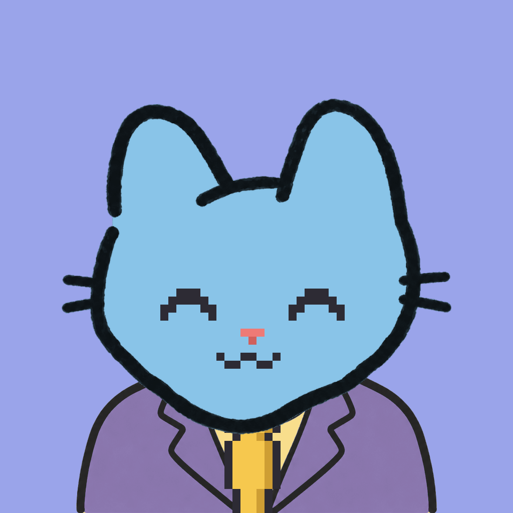 Employee #3303 — a sky cat, in a lavender suit, with a gold tie, on periwinkle