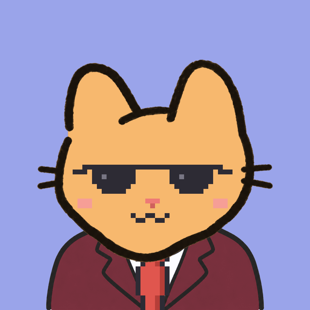 Employee #3304 — a tabby cat, in a burgundy suit, with a red tie, wearing shades glasses, on periwinkle