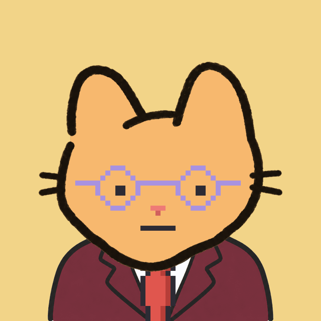 Employee #3305 — a tabby cat, in a burgundy suit, with a red tie, wearing round-lavender glasses, on butter