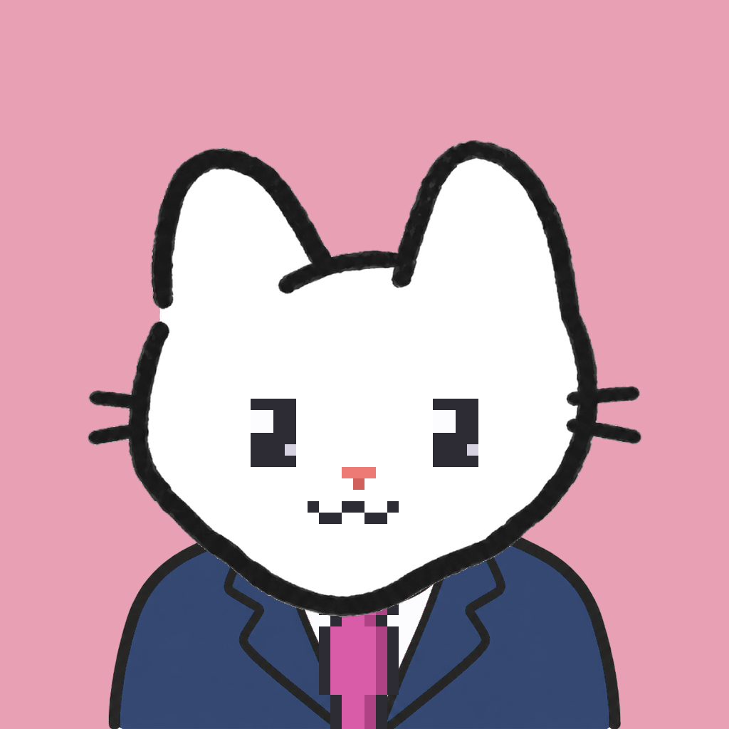 Employee #3306 — a white cat, in a navy suit, with a magenta tie, on rose
